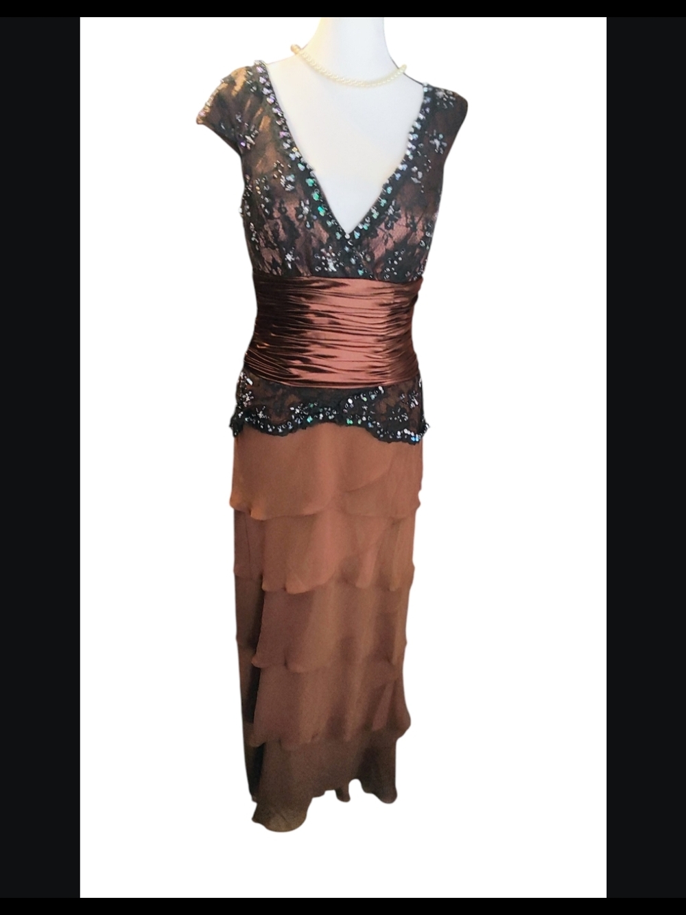 Aspeed Brown Tiered Maxi Dress with Beaded Lace Bodice